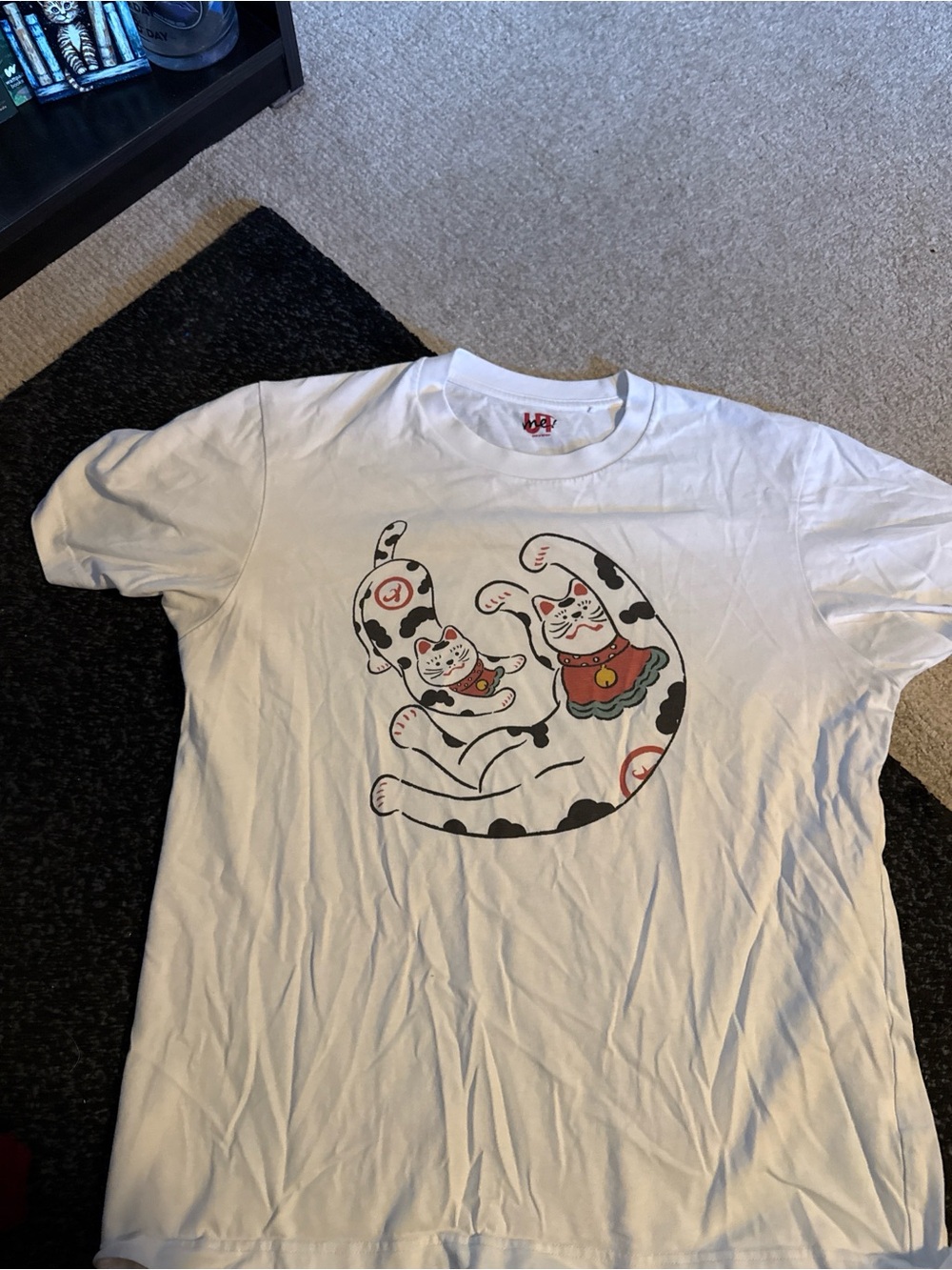 Uniqlo White T-Shirt with Black-and-Red Lucky Cat Graphic